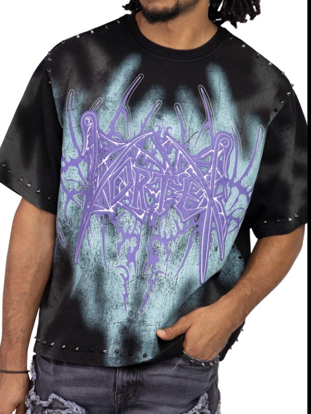 Studded Graphic Tee with Purple Logo and Teal Wash -